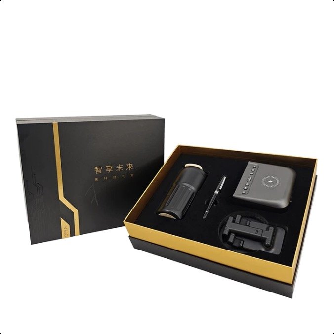 Black and gold executive technology gift box with coordinated business accessories