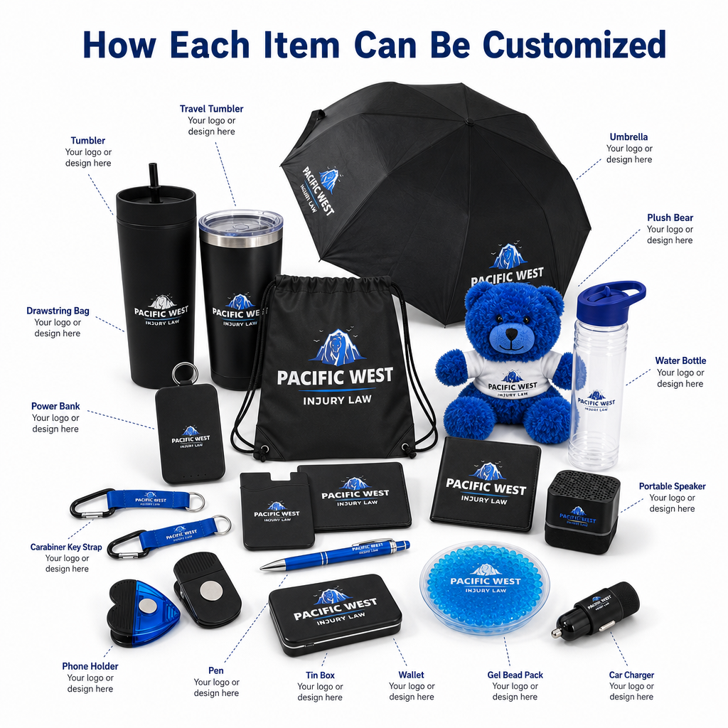 Pacific West coordinated promotional merchandise set showing customizable products